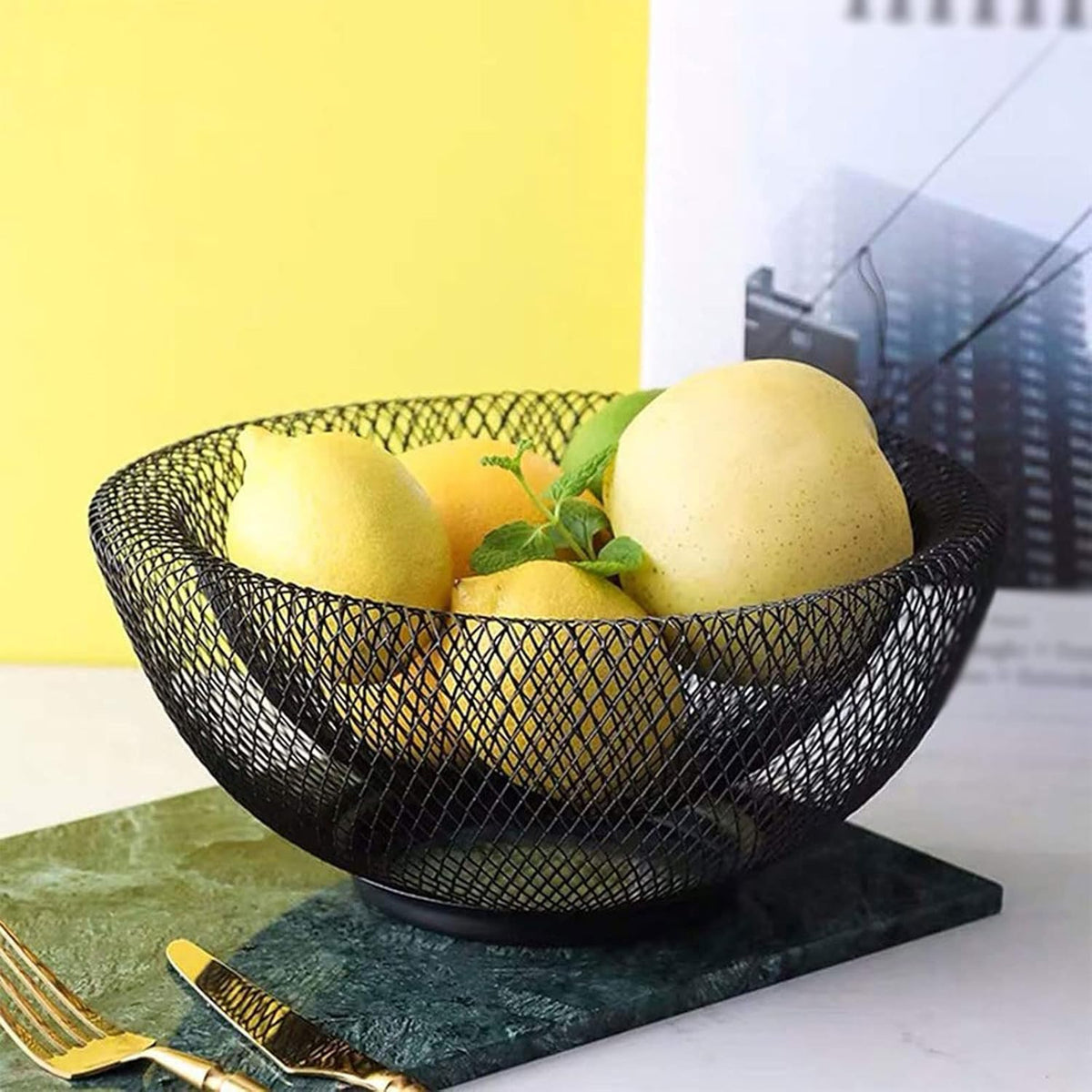 Cos de fructe decorativ, rotund, metalic, 25,5 x 13 cm, negru