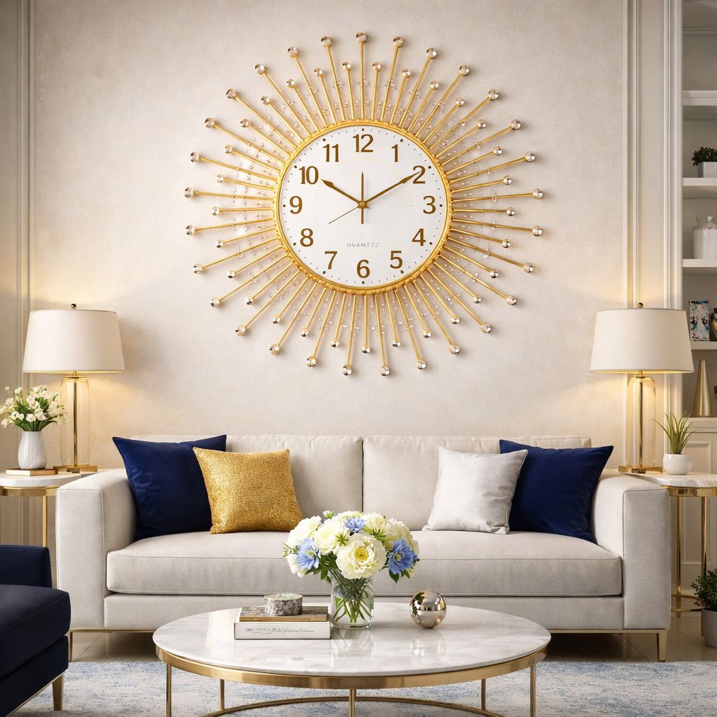 Ceas de perete decorativ auriu tip Sunburst cu cristale, 50cm