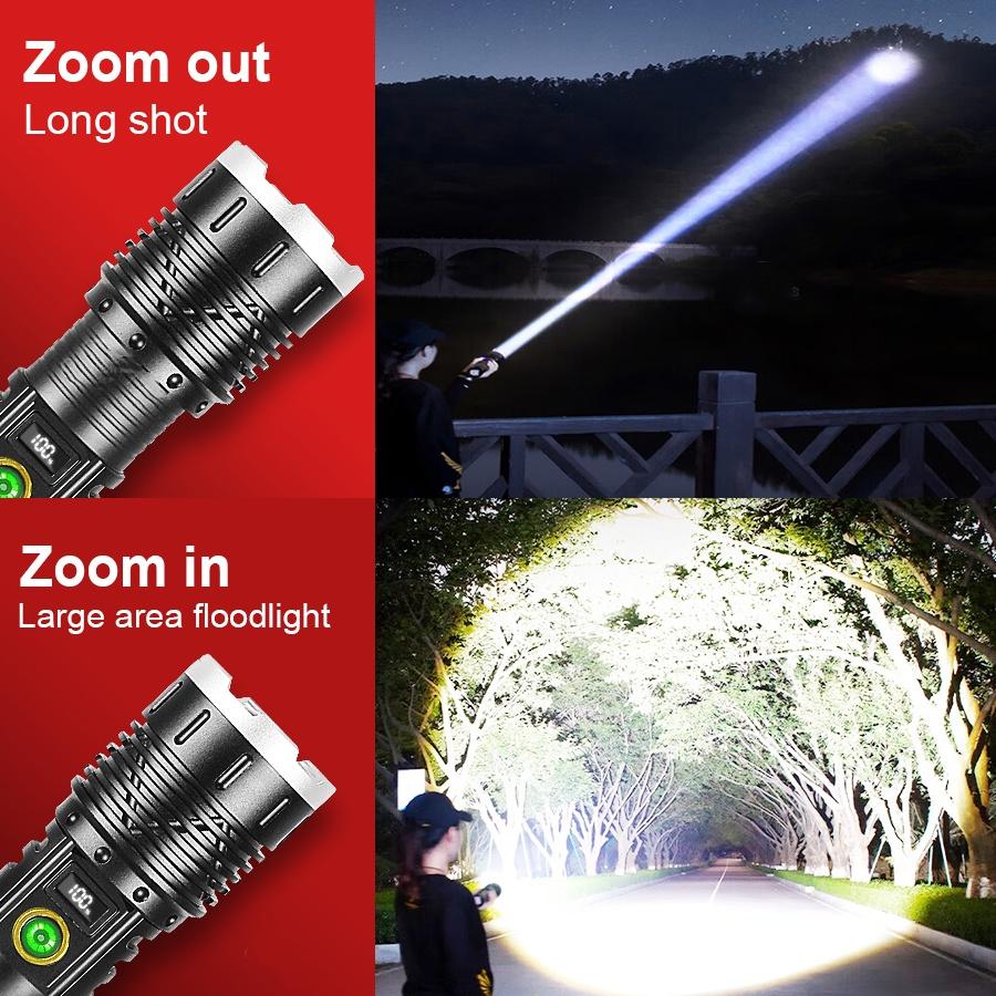 Lanterna LED Ultra-Bright, 20w din aluminiu, sursa XHP50/70/WHITE LASER, profesionala, focus ajustabil, acumulator 8800 mah inclus, rezistenta la apa, incarcare USB, 3000 lumeni