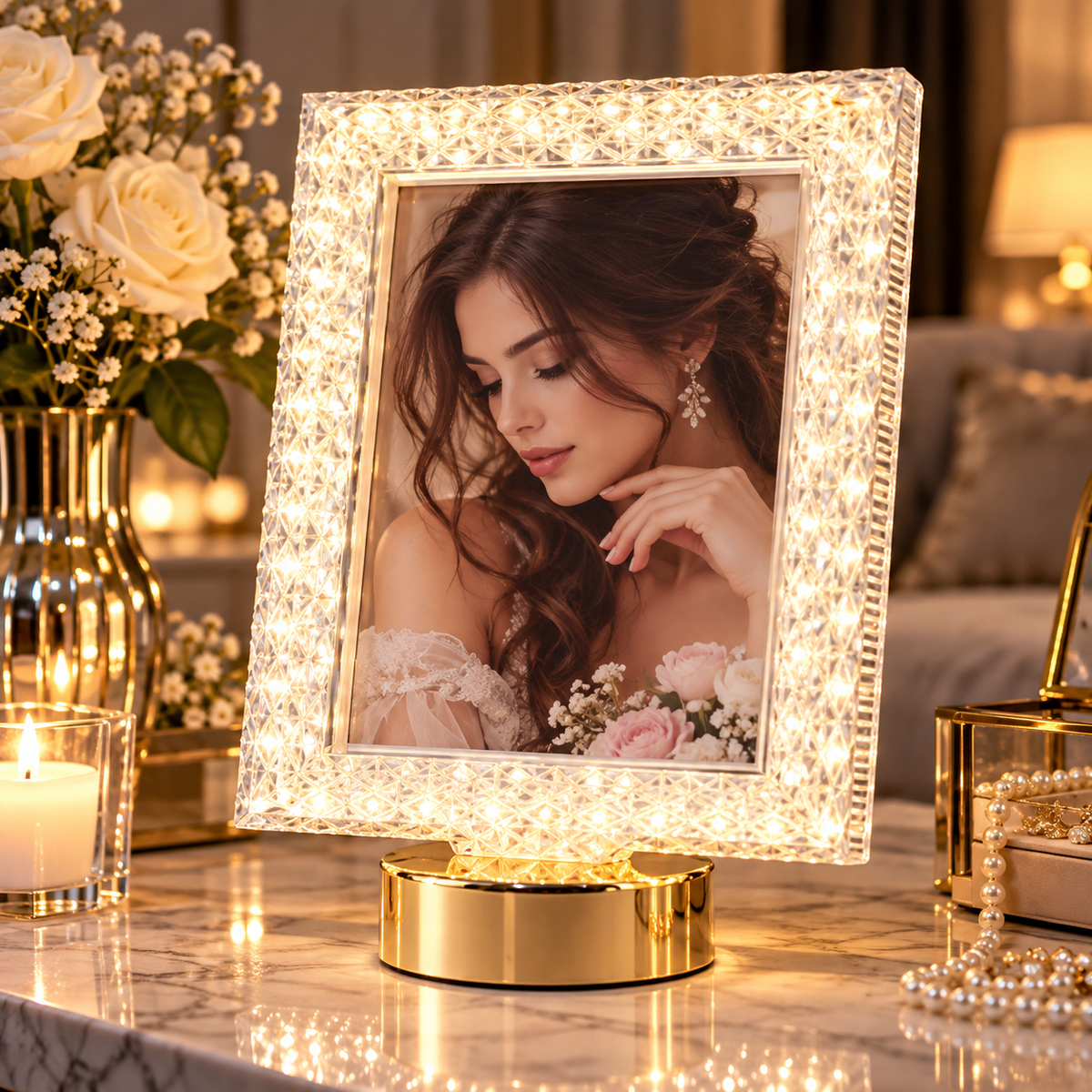 Ramă Foto LED Decorativă cu Efect Cristal – 24 × 20 cm - detaliu produs