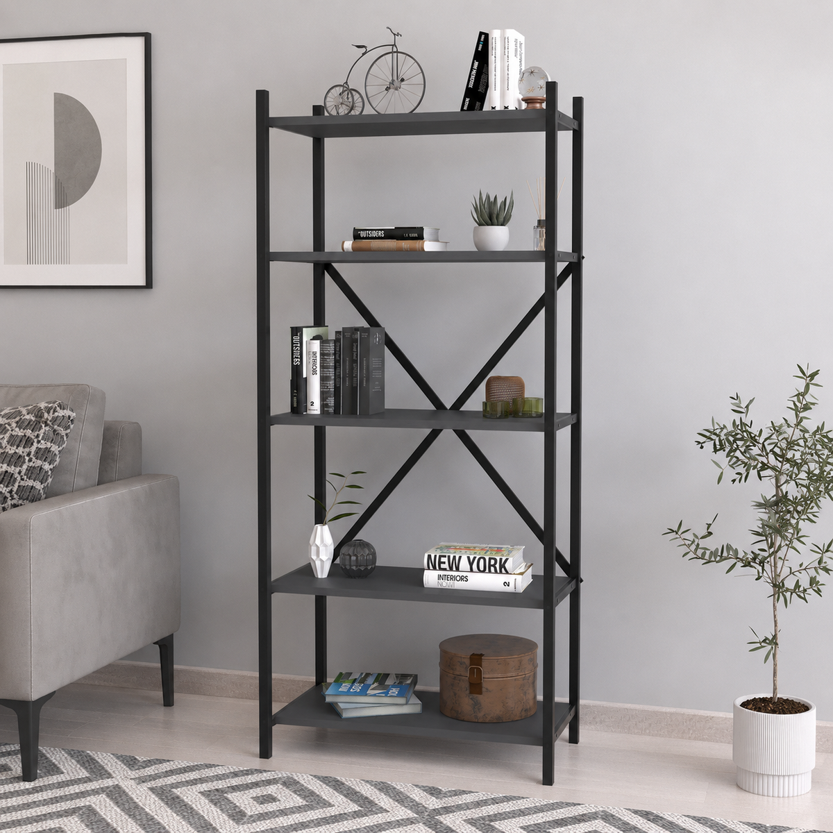 Biblioteca decorativa din PAL si metal 63x29,5x145,6 cm, cu 5 rafturi, pentru carti si accesorii