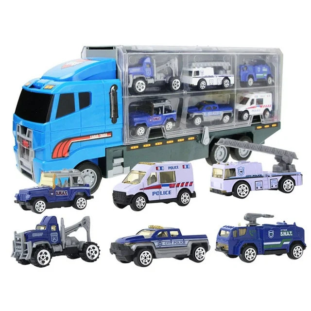 Camion Transport Masini Politie cu 6 Masinute Metalice Lansator Rampa si Compartimente Jucarie Copii