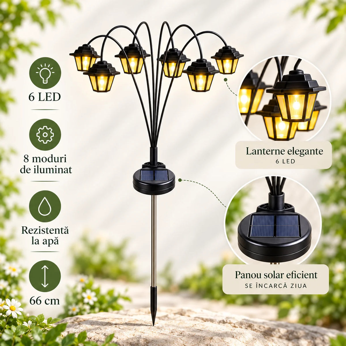 Set 2 Lampi Solare Gradina cu 6 Felinare LED Lumina Calda Aprindere Automata - detaliu produs