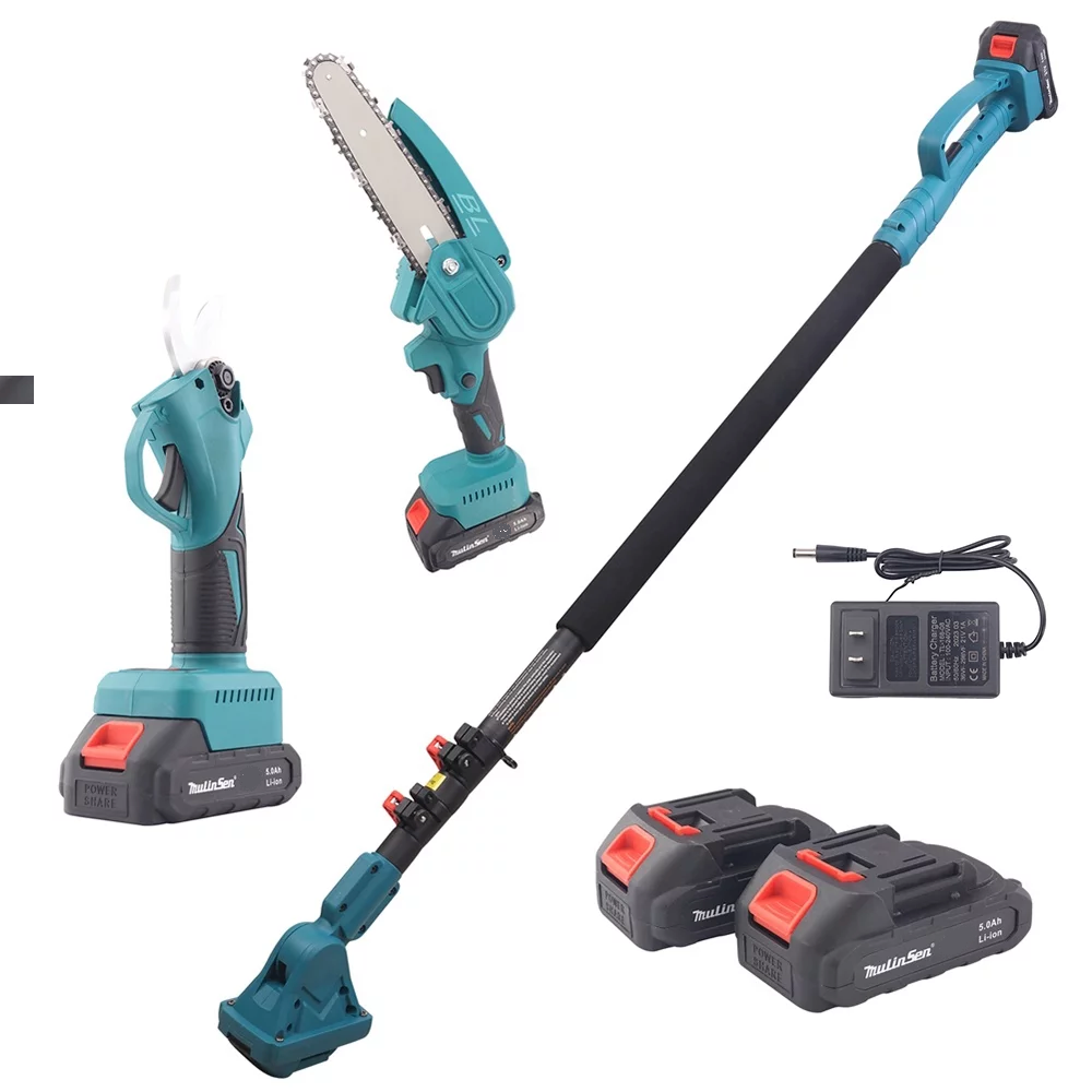 Set foarfeca gradina si mini drujba, 2 acumulatori 48V, cu brat 2.13m telescopic