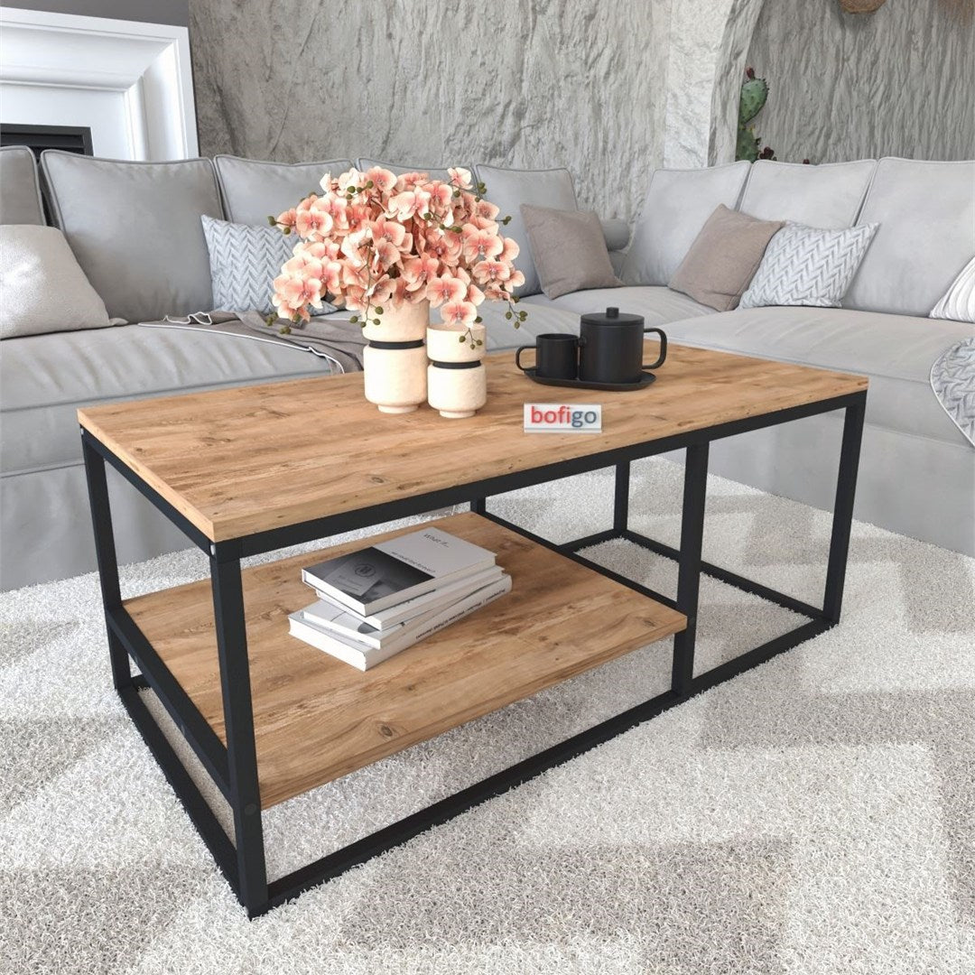 Masuta de cafea Nisa cu raft inferior, masuta living 90 x 42 cm, PAL melaminat 18 mm clasa E1 stabilitate crescuta, design minimalist scandinav, montaj rapid cu accesorii incluse, ideala living sau apartament Pin natur - vedere principala