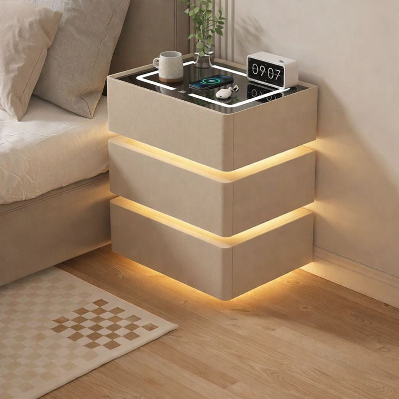 Noptiera inteligenta multifunctionala cu 3 sertare, LED tactil 3 culori, incarcare wireless, difuzor Bluetooth, incarcare USB, blat din sticla securizata,