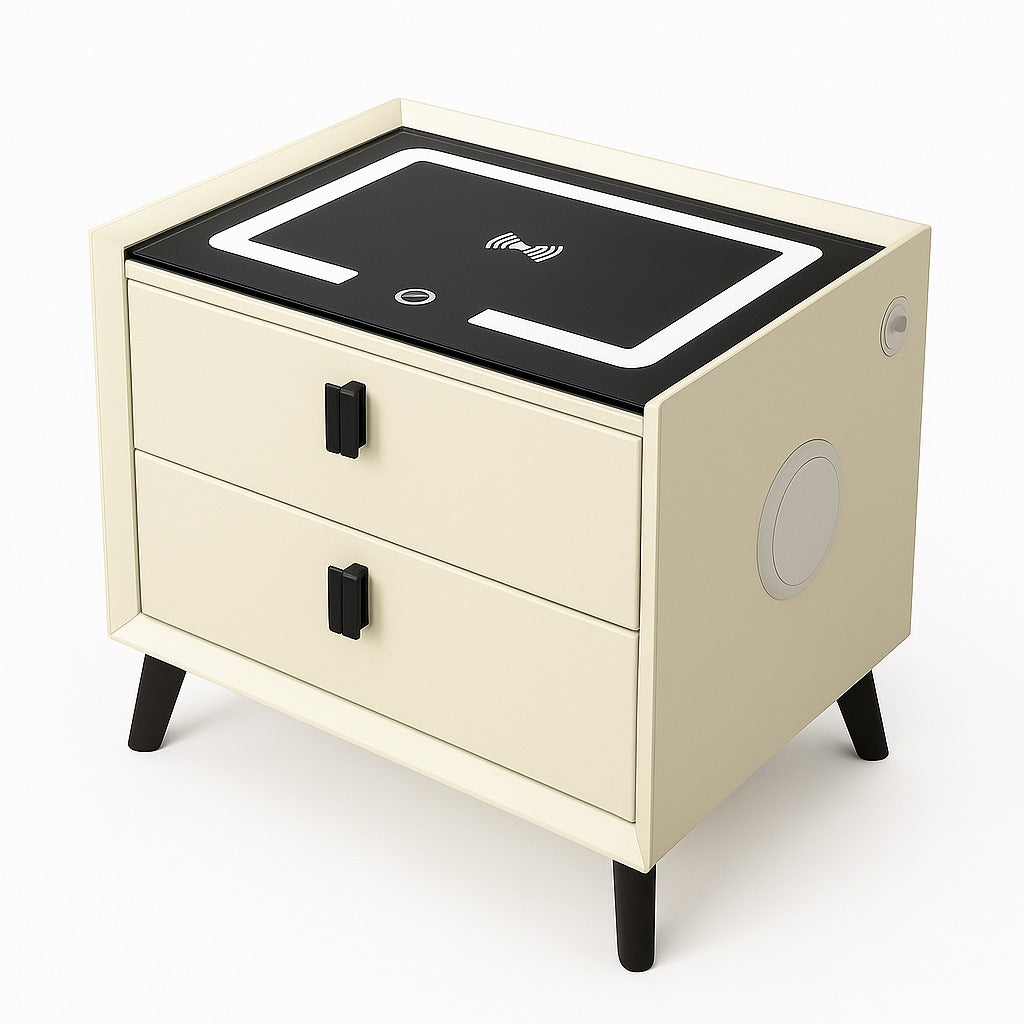 Noptiera Smart Multifunctionala, iluminare LED tactil cu 3 culori, incarcare wireless si USB, difuzor Bluetooth, 2 sertare