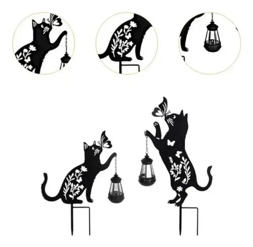 Set 2 Decoratiuni Solare de Gradina Pisica Neagra cu Felinar LED Fluture Metal - detaliu produs