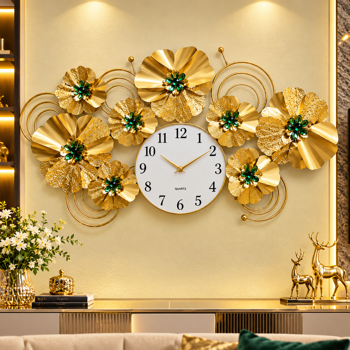 Ceas de Perete Decorativ Floral Luxury, Auriu cu Accente Verzi – 90 × 50 cm - imagine principala