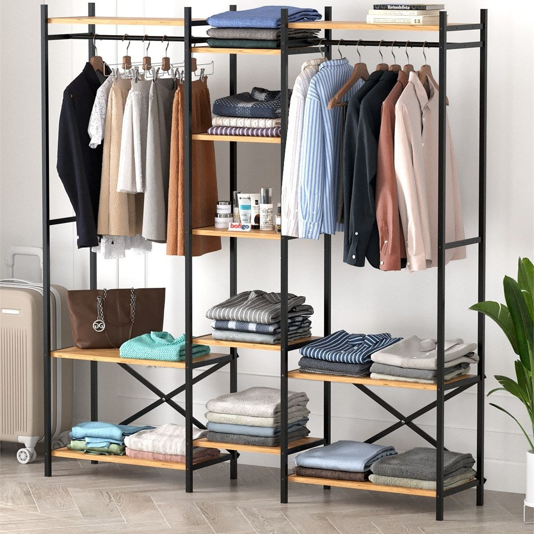 Dulap metalic deschis OpenIX cu 10 rafturi, dressing industrial 120 x 180 cm, 10 compartimente cu bara umerase, cadru metalic + polite PAL melaminat 18 mm, capacitate mare depozitare, stil industrial loft Pin natur - detaliu 5