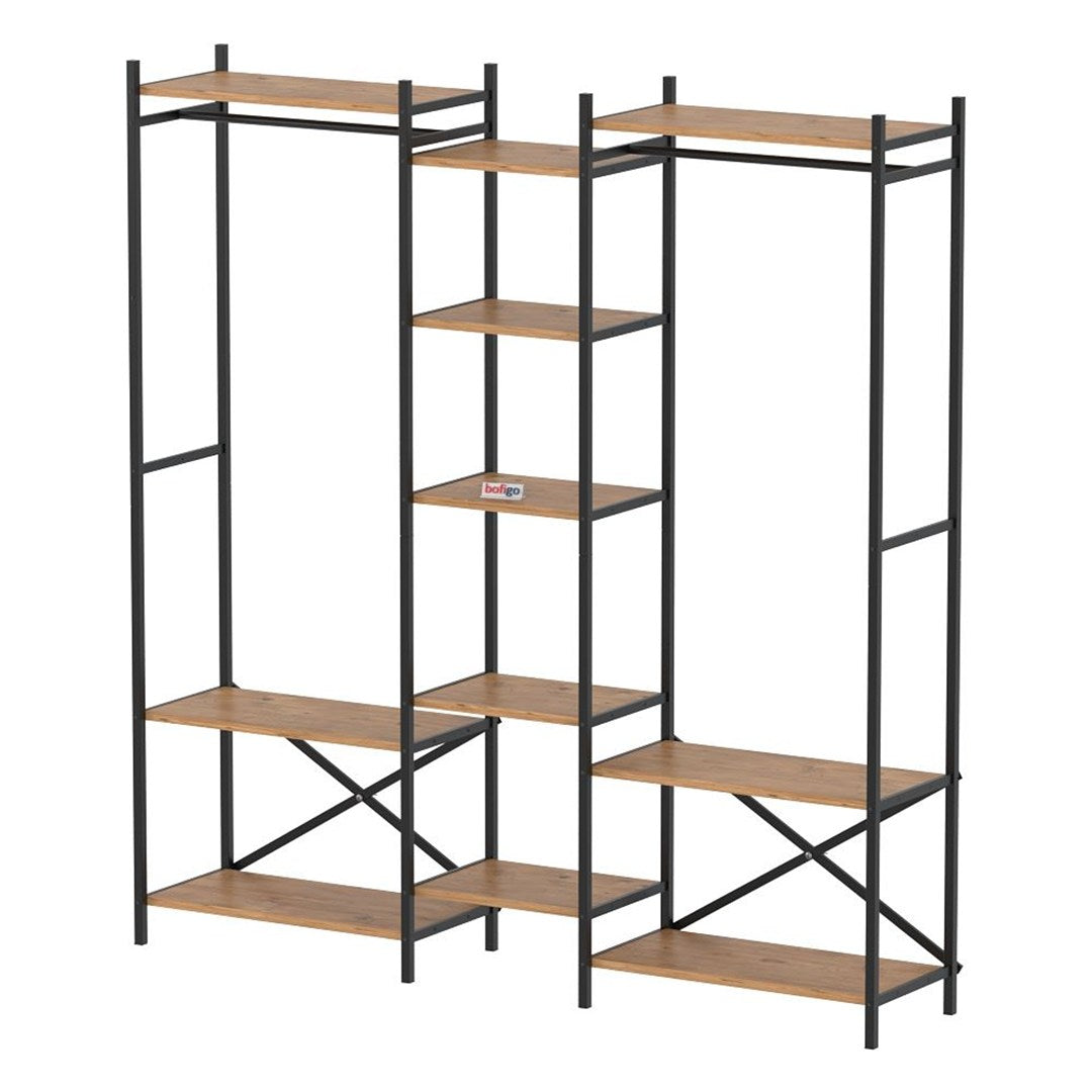 Dulap metalic deschis OpenIX cu 10 rafturi, dressing industrial 120 x 180 cm, 10 compartimente cu bara umerase, cadru metalic + polite PAL melaminat 18 mm, capacitate mare depozitare, stil industrial loft Pin natur - detaliu 6