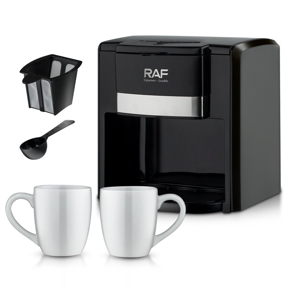 Aparat de cafea RAF 1000W cu 2 cani ceramice si lingura de masurare incluse, 420ml