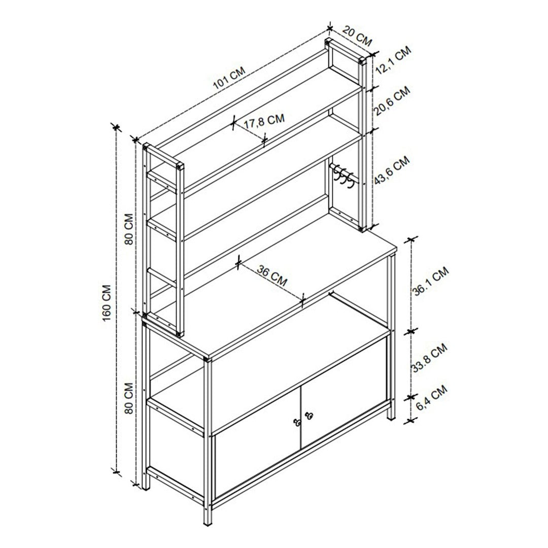 Raft bucatarie Ethiopia cu 2 usi, 90 x 180 cm, 3 polite deschise + 2 usi inferioare, cadru metalic + PAL melaminat 18 mm, capacitate mare depozitare pentru bucatarie sau camara, stil industrial modern loft Alb - detaliu 7