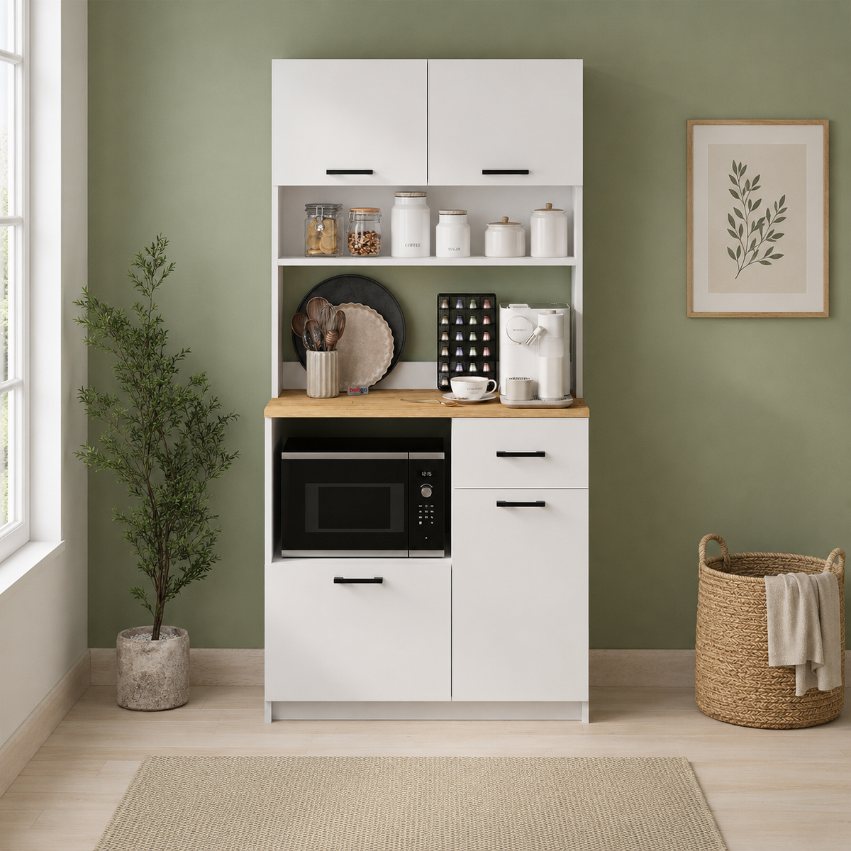 Dulap multifunctional cu 4 usi si sertar, pentru bucatarie, camara sau colt de cafea, 90 x 40 x 183,4 cm