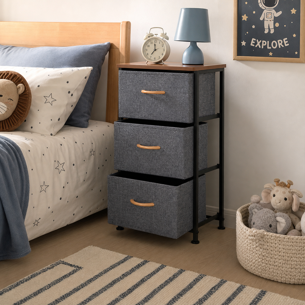 Noptiera cu 3 Sertare Textil Blat Lemn Cadru Metalic 40x30x74cm Gri - detaliu produs