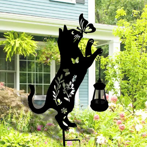Set 2 Decoratiuni Solare de Gradina Pisica Neagra cu Felinar LED Fluture Metal - detaliu produs