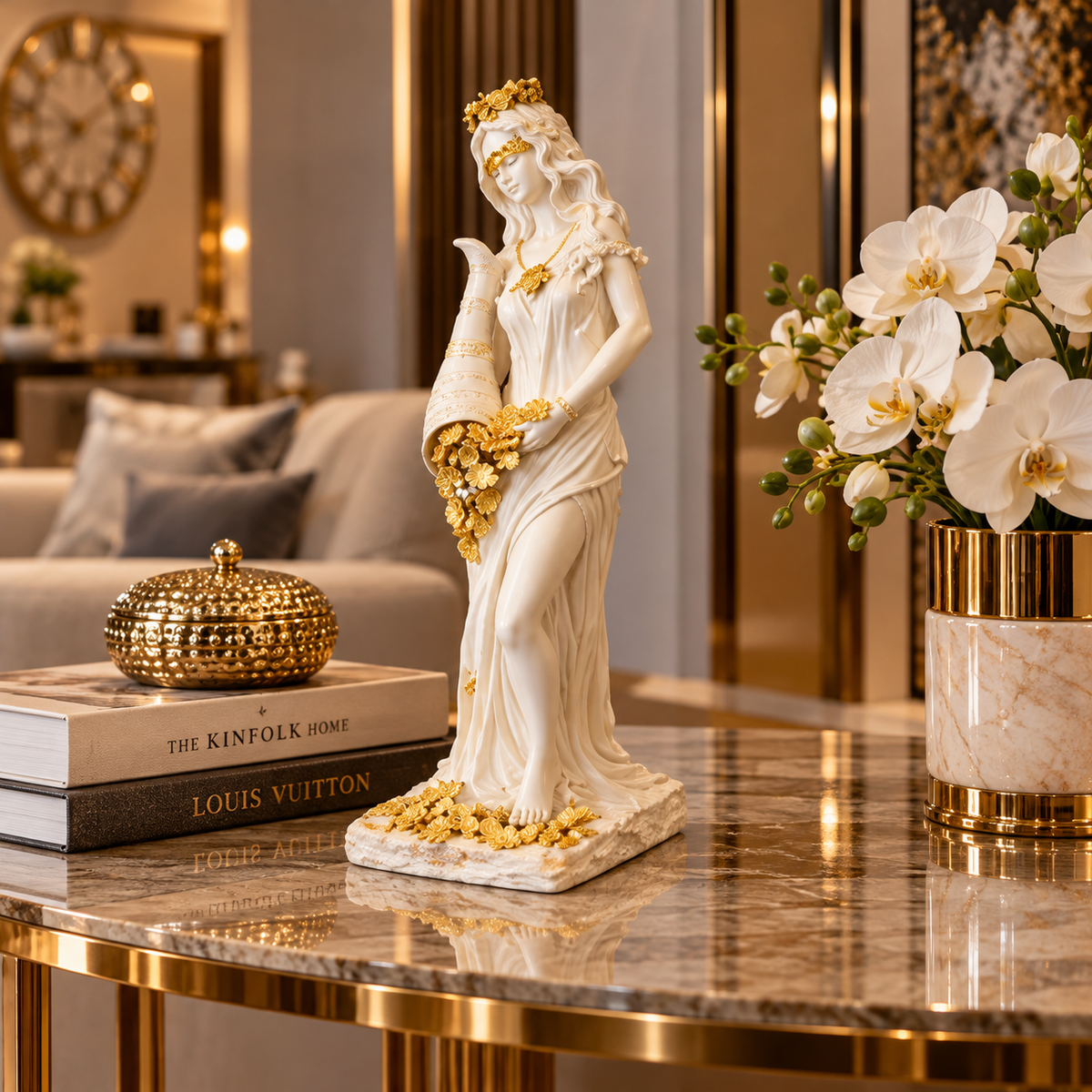 Statuetă Decorativă Premium „Zeița Abundenței”, Alb-Auriu, din Rășină Finisată – 29 × 10 × 10 cm - detaliu produs