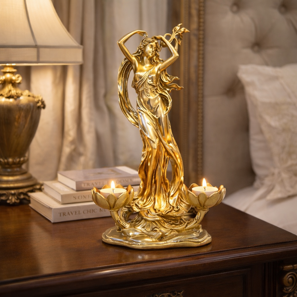 Suport decorativ lumanari, statueta femeie in miscare, rasina, finisaj auriu, design artistic lux, 30x20 cm