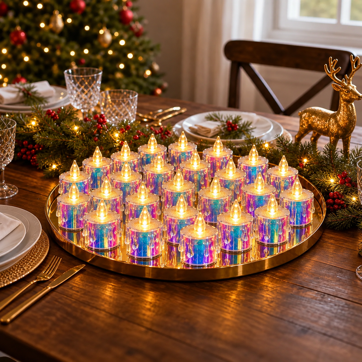 Set 24 lumânari LED Decorative cu Efect de Flacără, Finisaj Holografic și Lumină Caldă – 3,5 × 3,5 × 5 cm