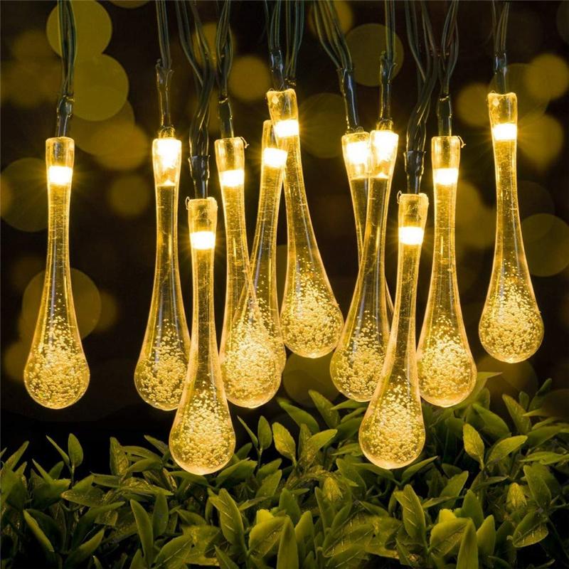 Instalatie LED solara, globuri picatura cristal, 10m, 30 LED, lumina galbena