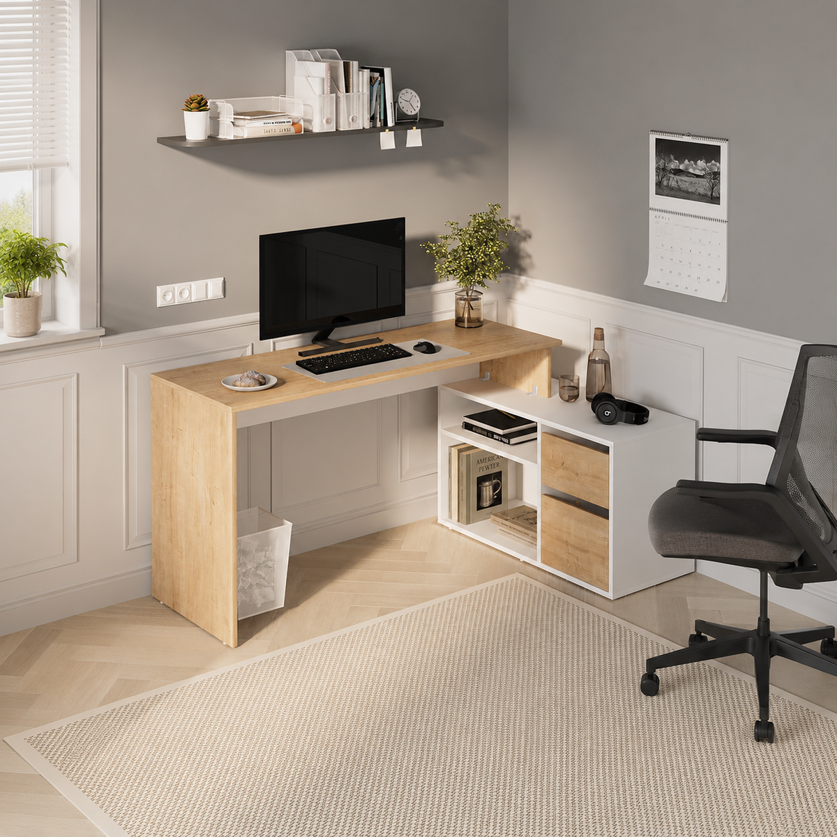 Birou modern 139x51x75 cm, cu corp de depozitare 92x40x53 cm, pentru birou, office sau home office