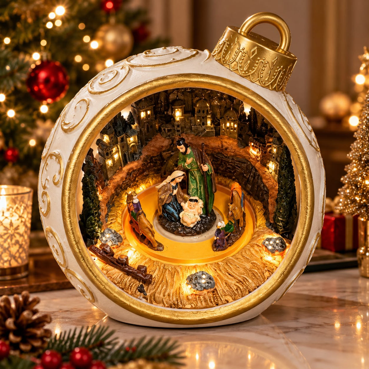 Decorațiune de Crăciun Premium tip Glob cu Nașterea Domnului, Muzică, Rotire 360°, Iluminare și Efect Strălucitor – 15,5 × 14,5 × 16,7 cm