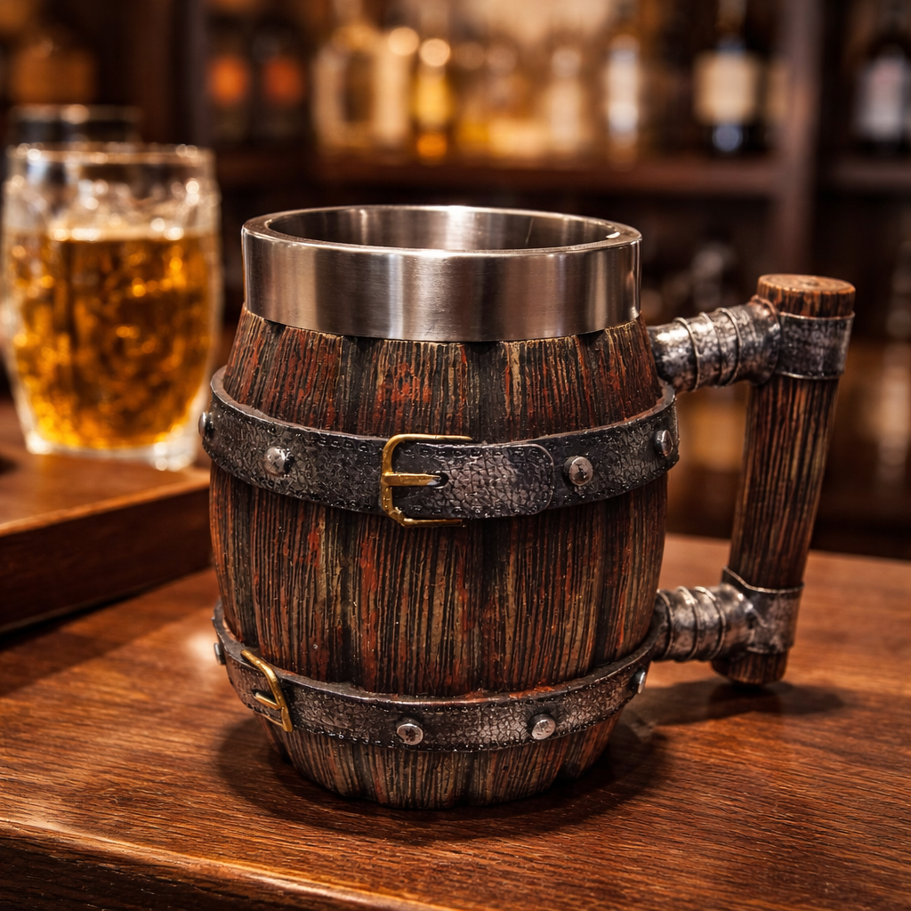 Halba bere medievala 600 ml, design rustic, interior inox