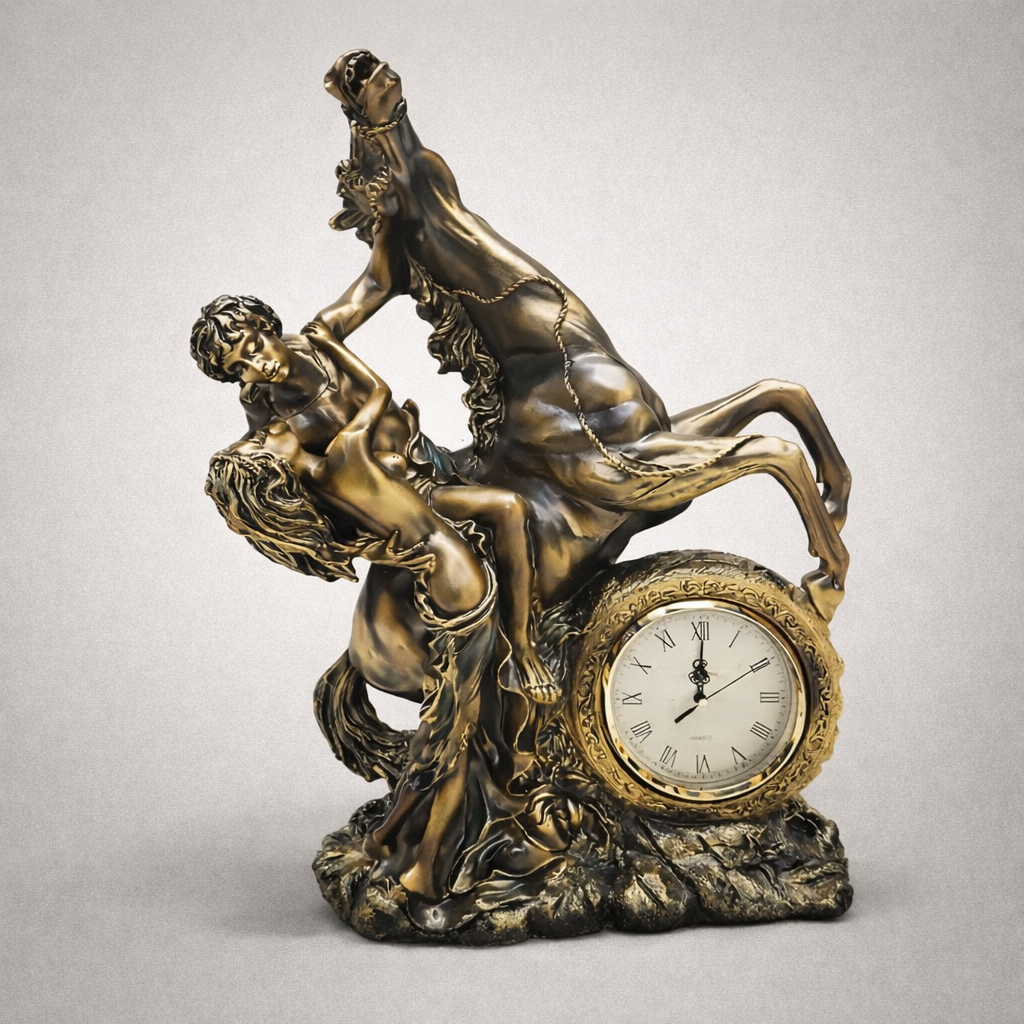 Ceas decorativ statueta – Cuplu romantic si cal cabrat, stil clasic elegant, 63 x 47 cm