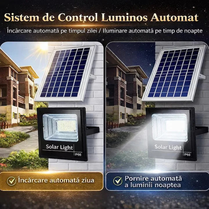 Proiector LED Solar 100W Control Telecomanda Senzor Crepuscular Exterior - detaliu produs