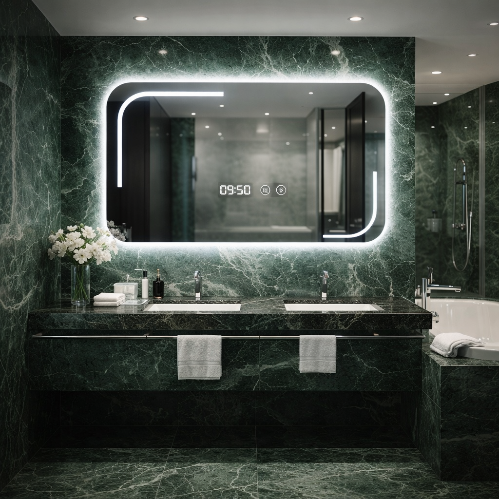 Oglinda LED baie 60x80 cm cu ceas digital, dezaburire si 3 faze de lumina
