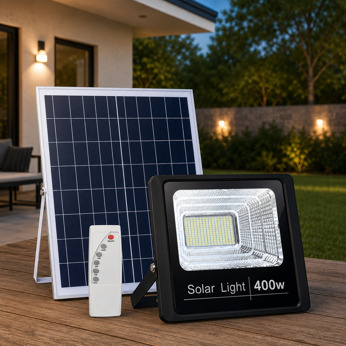 Proiector LED cu panou solar si telecomanda, IP67