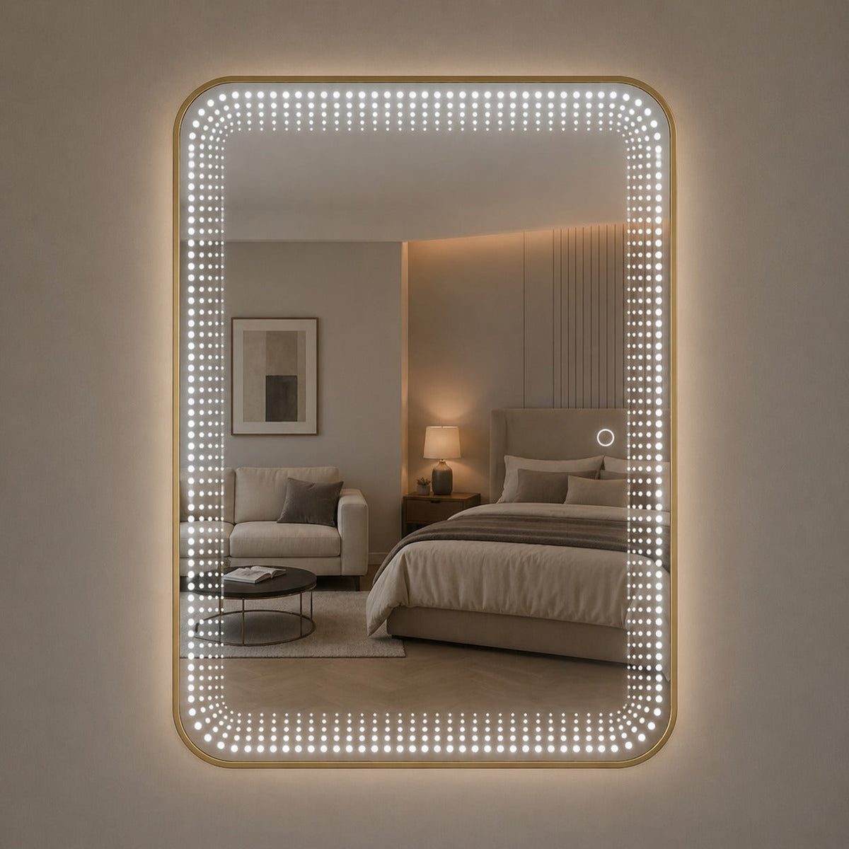 Oglinda LED Touch 90x70 cm iluminare 3 culori design modern rama aluminiu