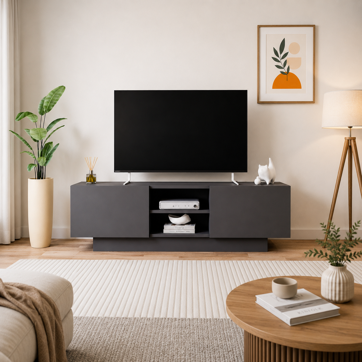 Comodă TV DORA cu uși și raft central, PAL 18 mm, 140 x 31 x 42 cm - detaliu produs