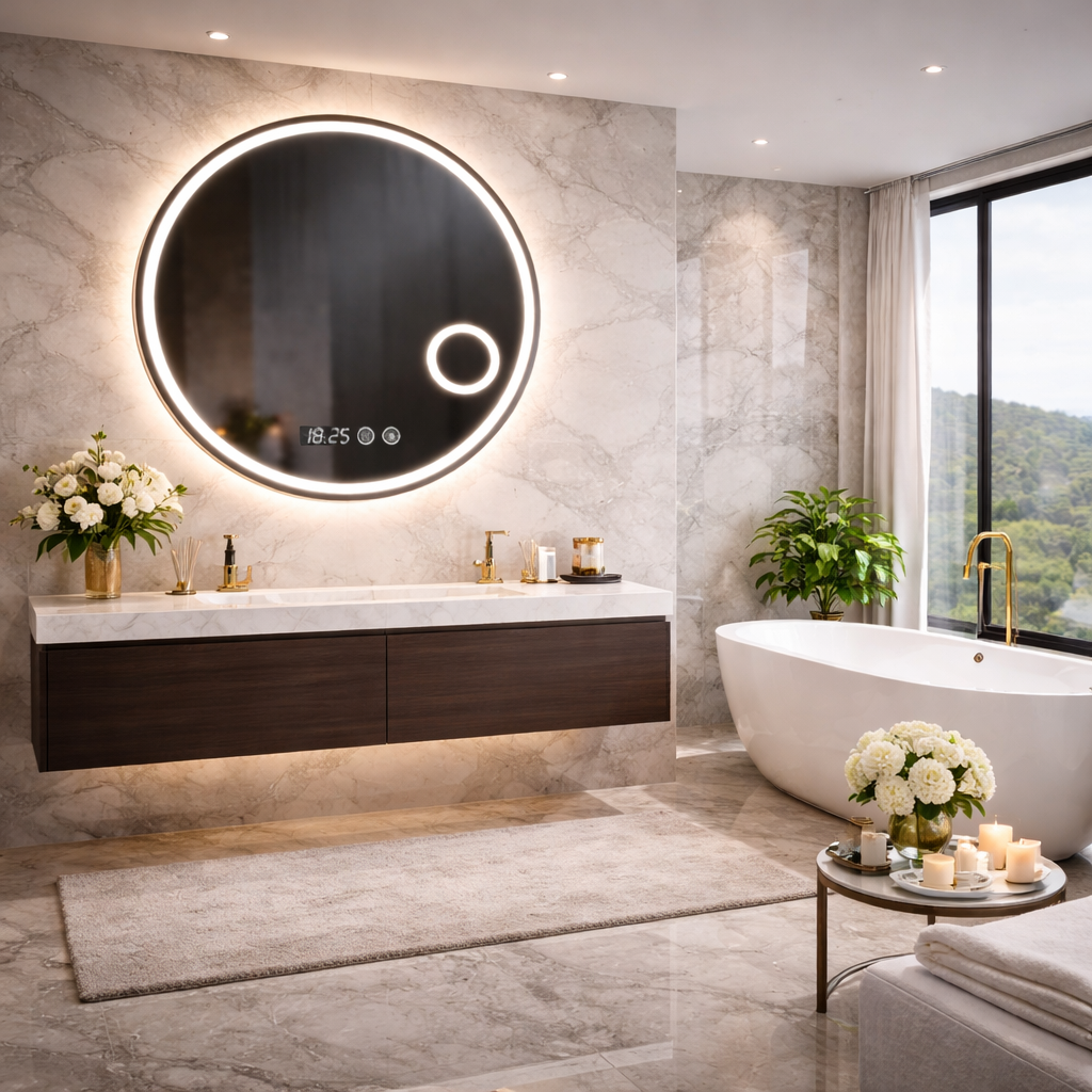 Oglinda LED Rotunda 70 cm cu Ceas, Dezaburire si Lupa Cosmetica