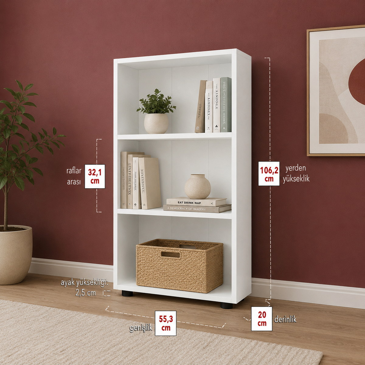 Biblioteca din PAL 55,3x20x106,2 cm, cu 3 rafturi, pentru carti si decoratiuni