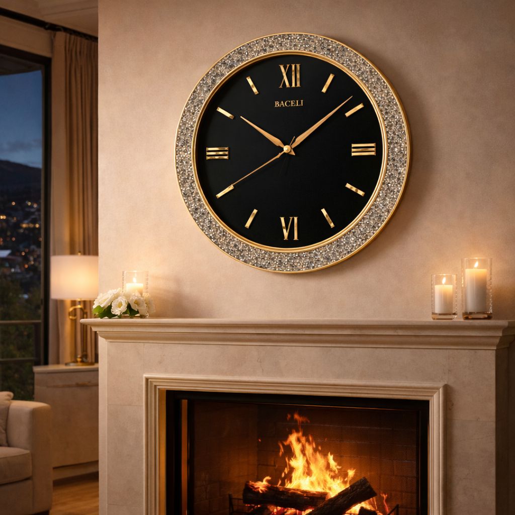 Ceas de perete decorativ cu pietricele stralucitoare si cifre romane aurii, 40cm