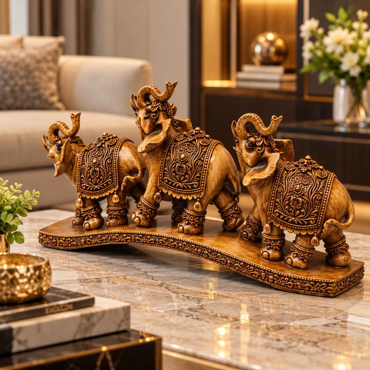 Statuetă Decorativă Premium cu 3 Elefanți, Design Oriental, Finisaj Bronz-Auriu, din Rășină – 27 × 13 cm - detaliu produs