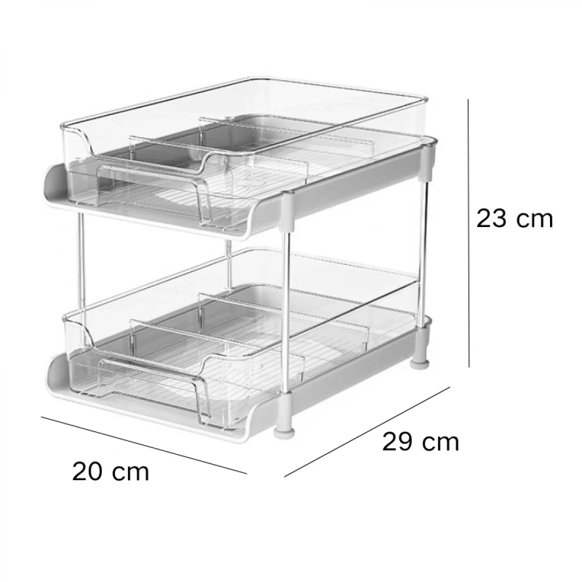 Suport cu 2 rafturi retractabile, 2 nivele si 6 compartimente de depozitare, 29 x 20 x 23 cm, alb