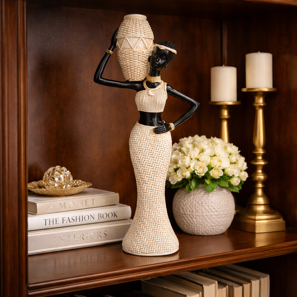 Statueta decorativa femeie africana cu vas, design elegant, rasina, stil etnic modern, decor interior premium, 28x10 cm