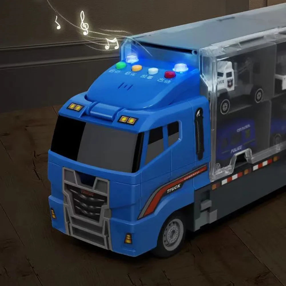 Camion Transport Masini Politie cu 6 Masinute Metalice Lansator Rampa si Compartimente Jucarie Copii