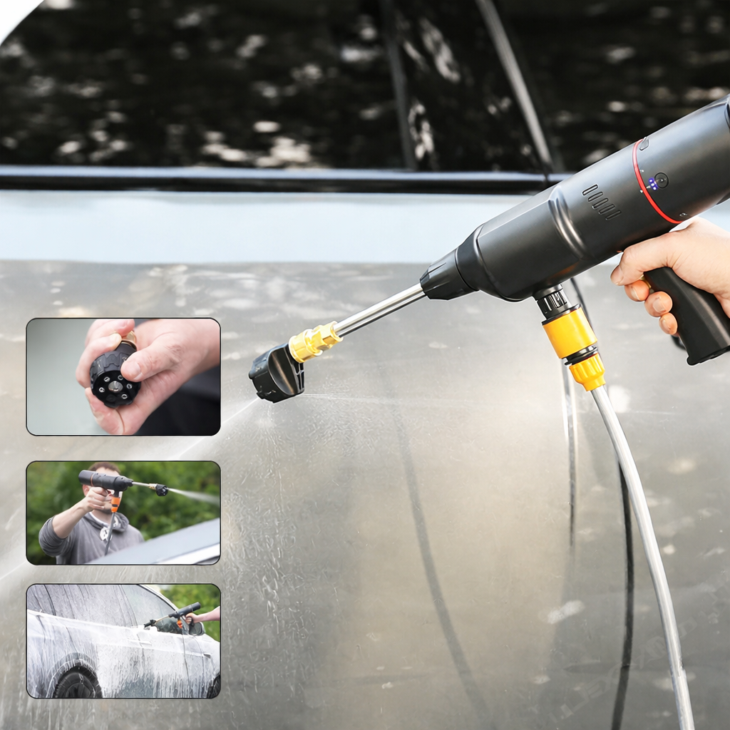 Kit multifunctional auto 4 in 1, compresor aer, aspirator, spalator auto si incarcator wireless