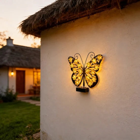 Set 2 Fluturi Solari Decorativi cu Lumini LED Roz Galben pentru Perete Gard - detaliu produs