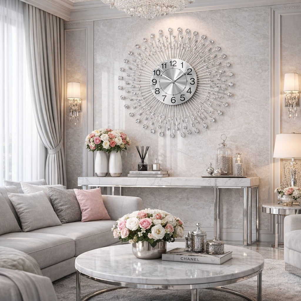 Ceas de perete decorativ premium – metal si cristale – 70 cm – design elegant radiant