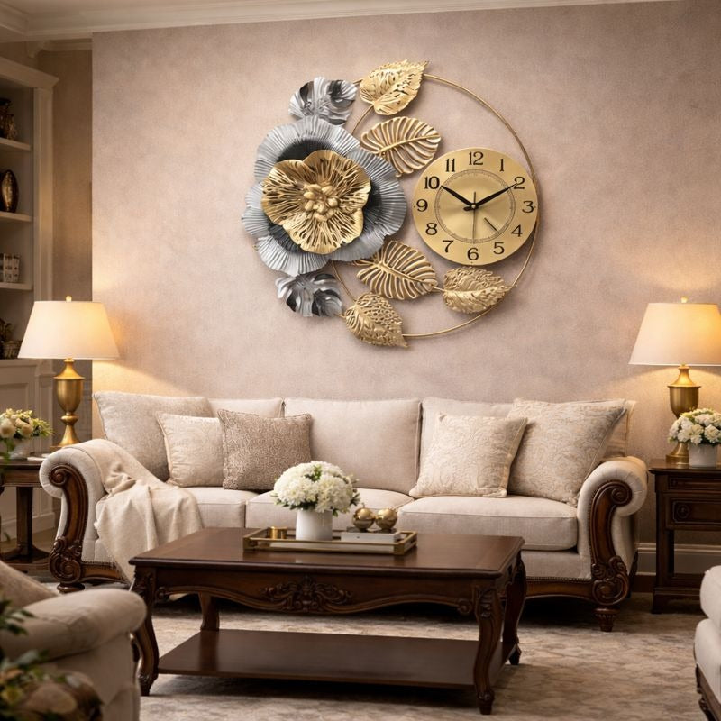 Ceas de perete decorativ floral auriu argintiu, 60 cm