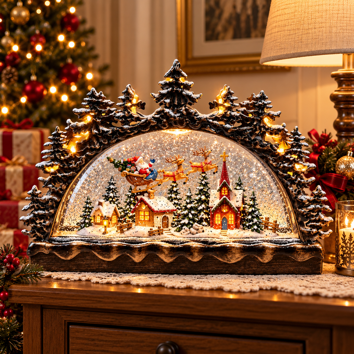 Decoratiune Craciun Pod Luminat cu Muzica Santa Sleigh 32.5cm - detaliu produs