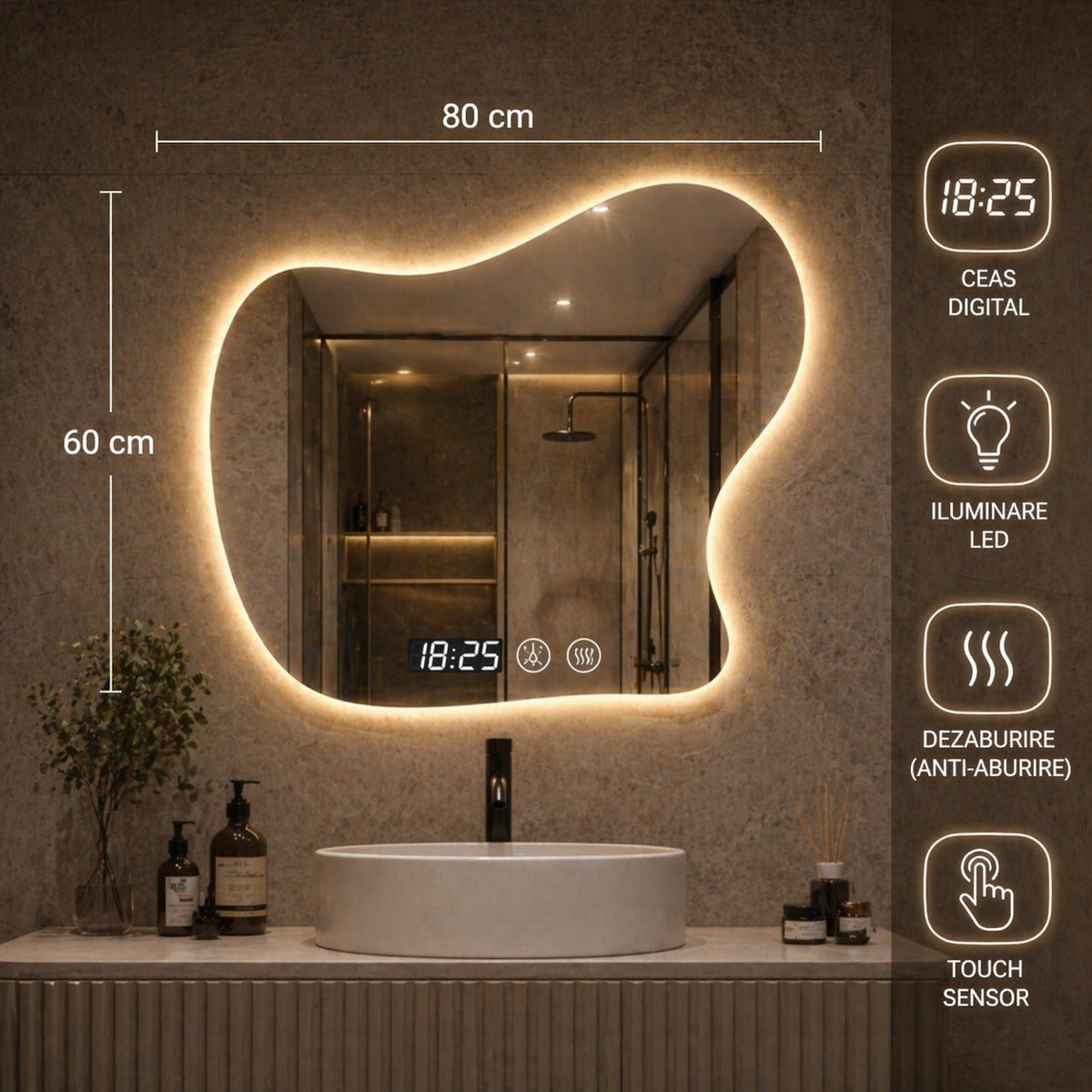 Oglinda led moderna 80x60, design fluid, cu touch si iluminare ambientala