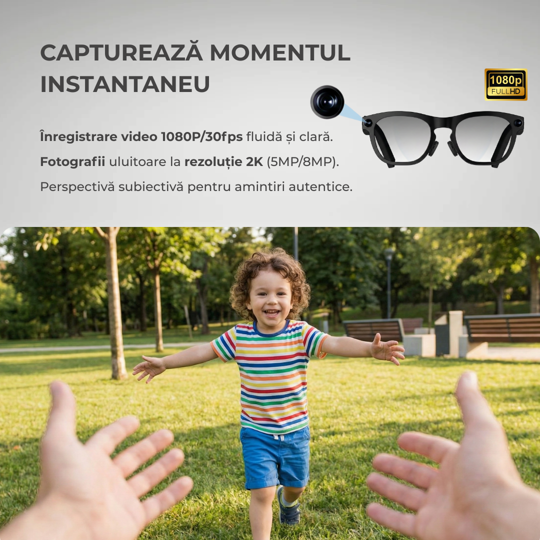 Ochelari Smart VIVENDO SMART GLASSES, Camera 1080P Full HD, AI Integrat, Apeluri Bluetooth, Control Tactil, Streaming Muzica, Wi-Fi 2.4G, Microfoane Duale, Negru