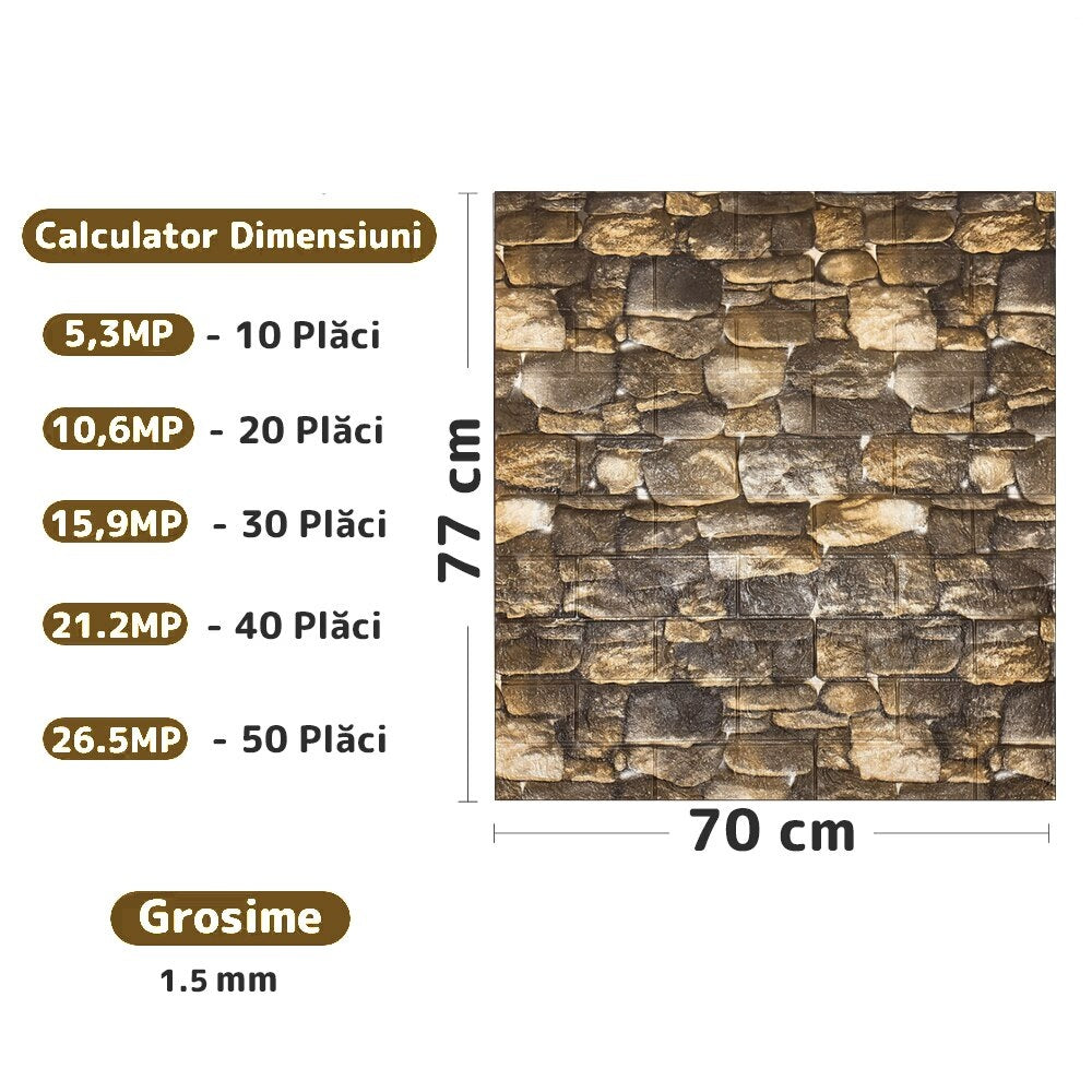 Tapet 3D caramida model piatra naturala auto-adeziv pentru interior, 70 x 77 cm