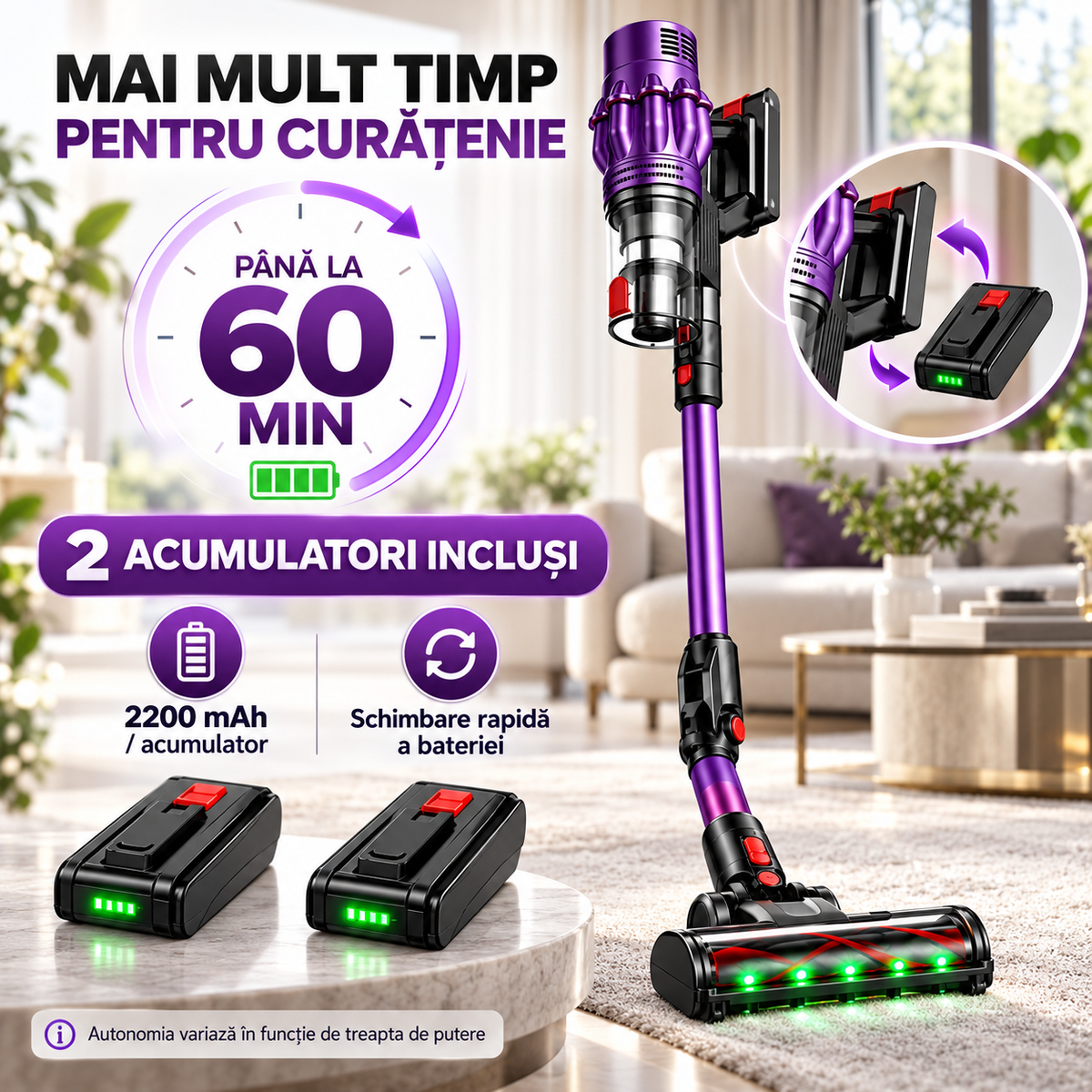 Aspirator vertical fara fir 650W, 48 kPa, autonomie 60 minute, cu 2 acumulatori, culoare Mov