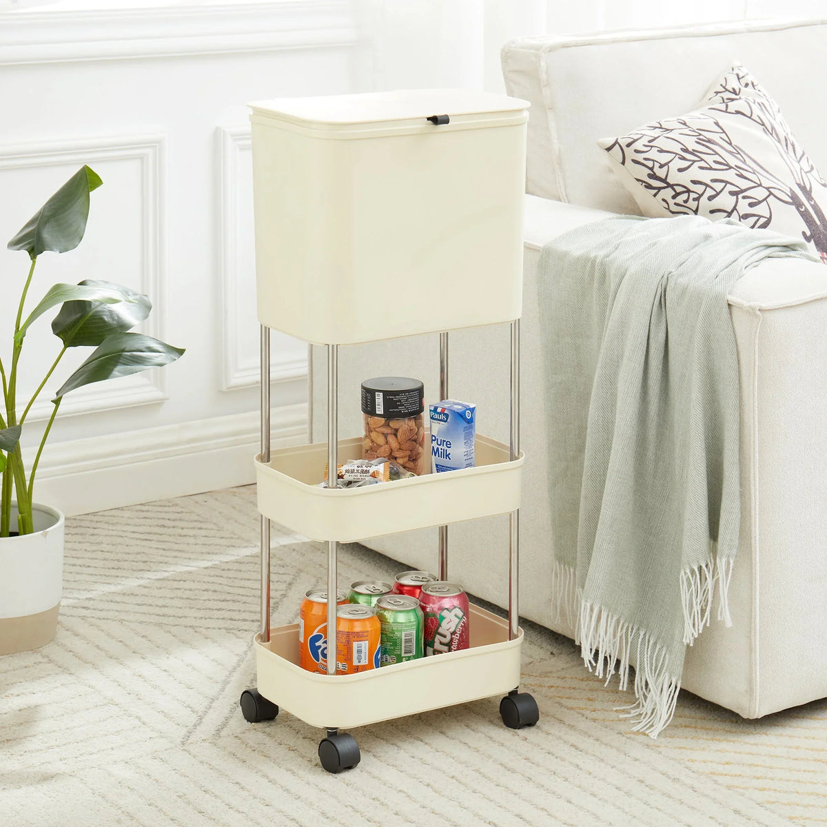 Carucior multifunctional cu cos de gunoi, 3 niveluri cu roti 360°, 78.5 x 24 x 17 cm